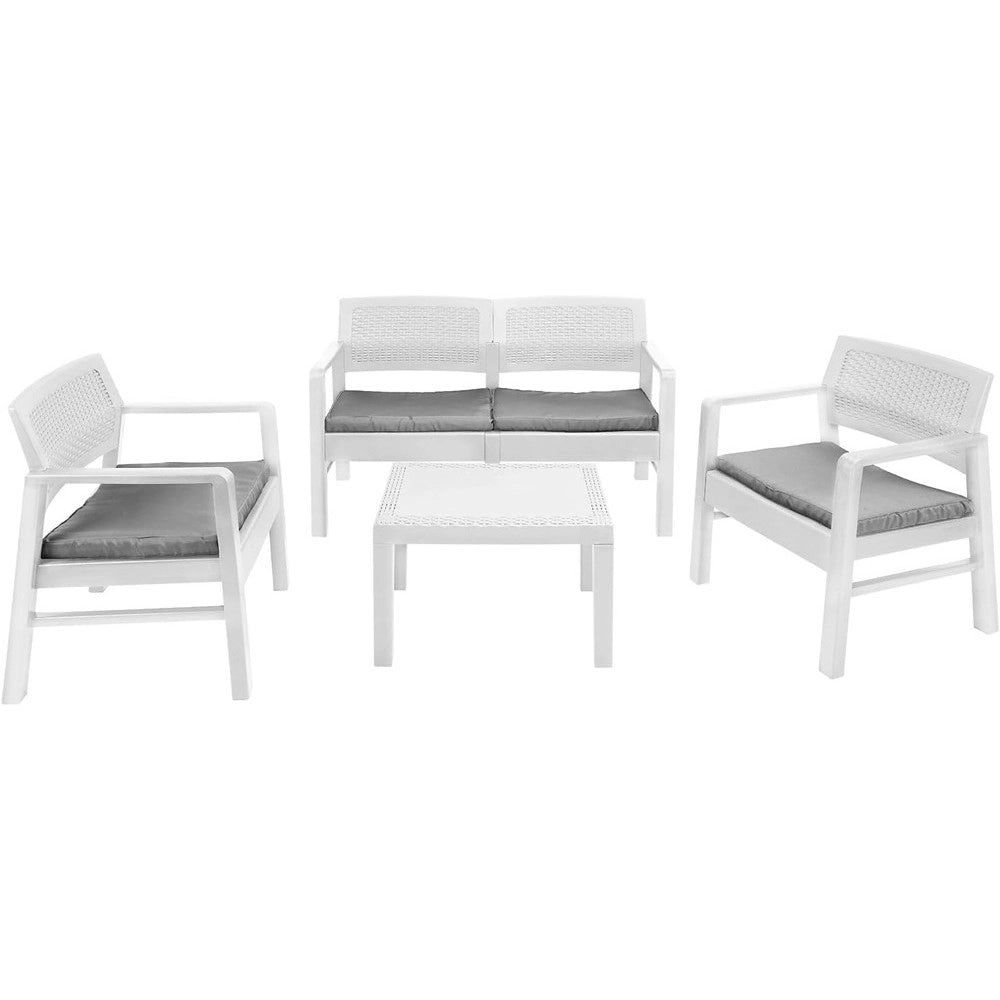 Trade Shop - Set Salotto Giardino Esterno Con Divano 2 Poltrone Tavolino Effetto Rattan Con Cuscini -