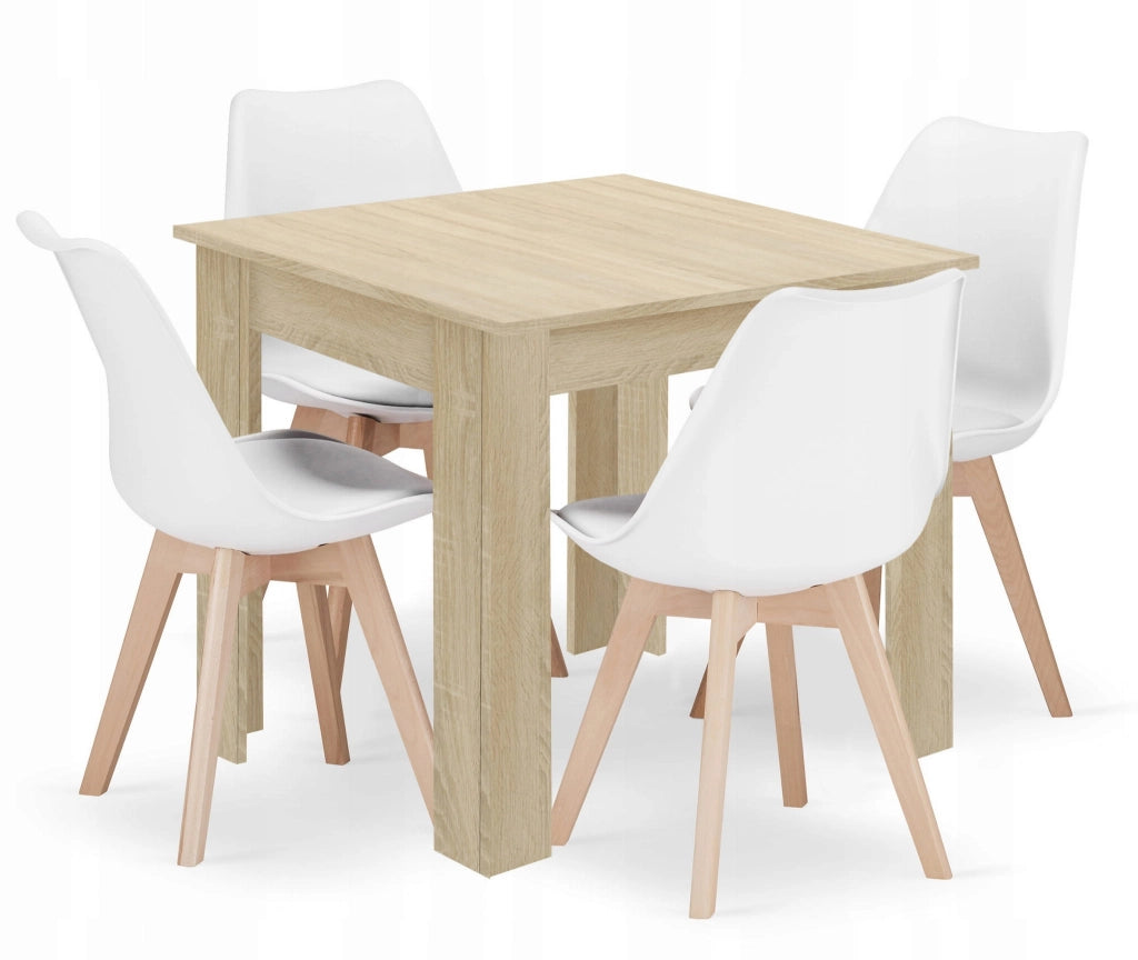 Set di tavolo quadrato Valora 80x80 Sonoma Oak + 4 sedie RIKX bianche