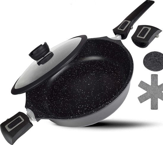 Padella ad induzione 28cm, padella da servire con coperchio 4,2l - manico rimovibile, pentola in acciaio inox forno resistente, padella in alluminio con bordo alto + protezione padella