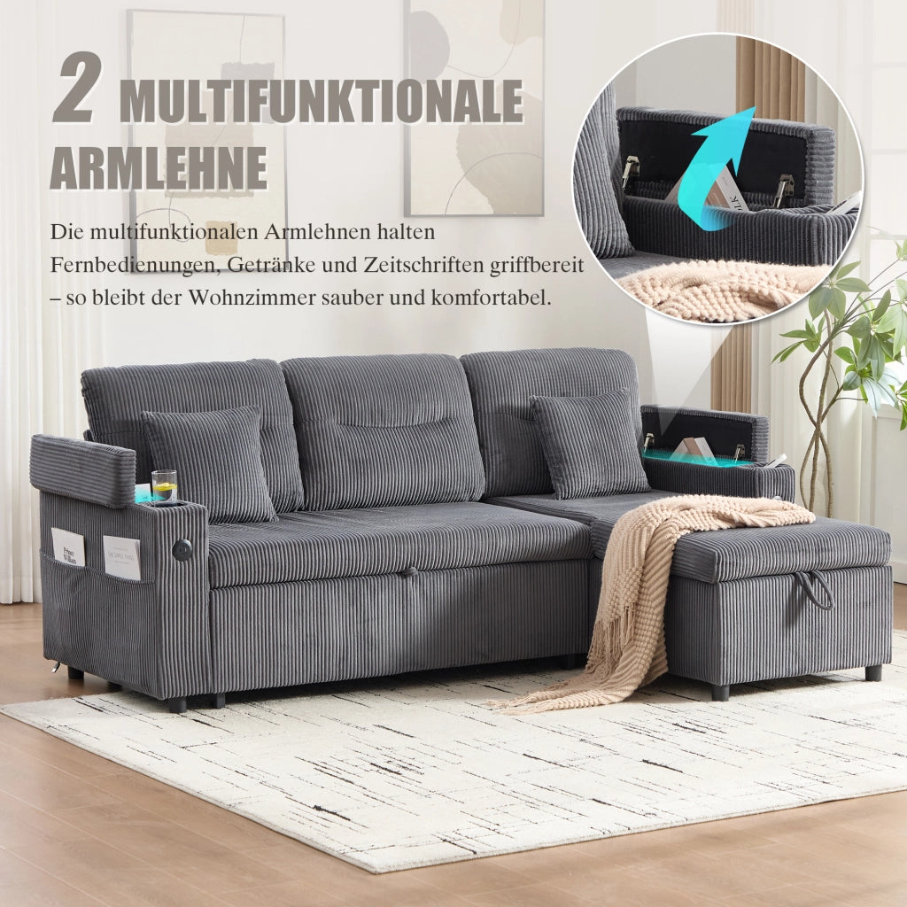 Divano letto con chaise longue contenitore USB C e portabicchiere in velluto a coste grigio carbone 212,5 × 136 × 86 cm