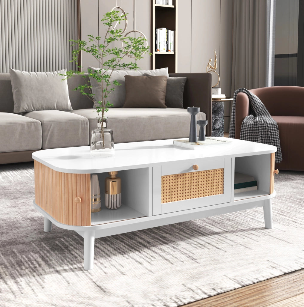 Tavolino da caffè 110x55 cm bianco e legno con contenitore