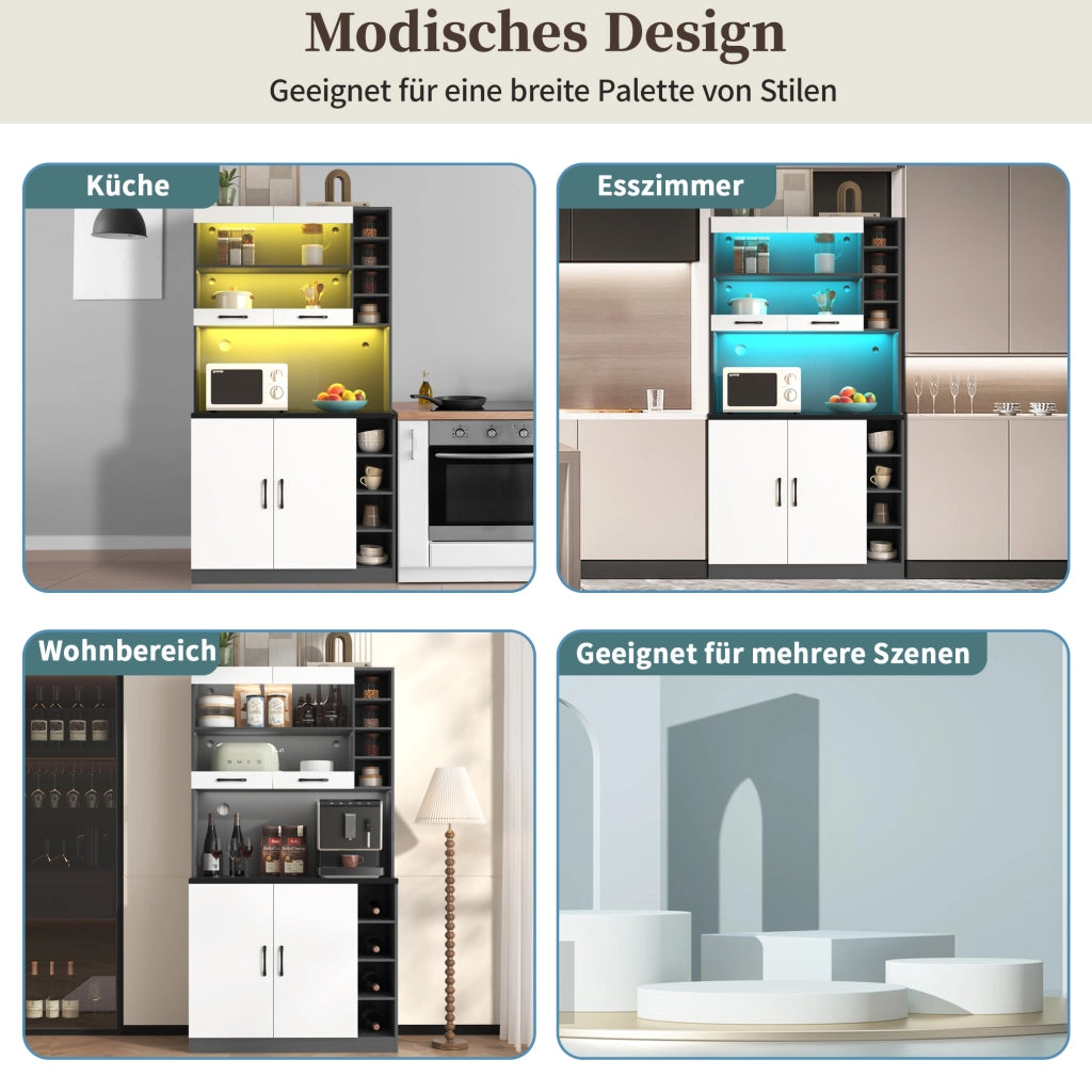 Credenza alta da cucina con 2 ante; 5 vani e ripiani laterali regolabili con LED; in MDF; 100x47x187 cm