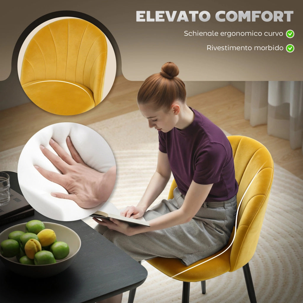 Set 2 Sedie da Pranzo Imbottite con Schienale in Velluto ¨C Minimal ¨C 52x55x79 cm Giallo