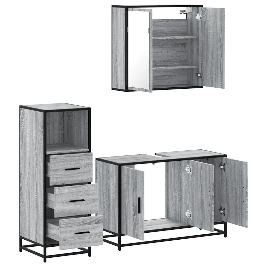 Set Mobili da Bagno 3 pz Grigio Sonoma in Legno Multistrato