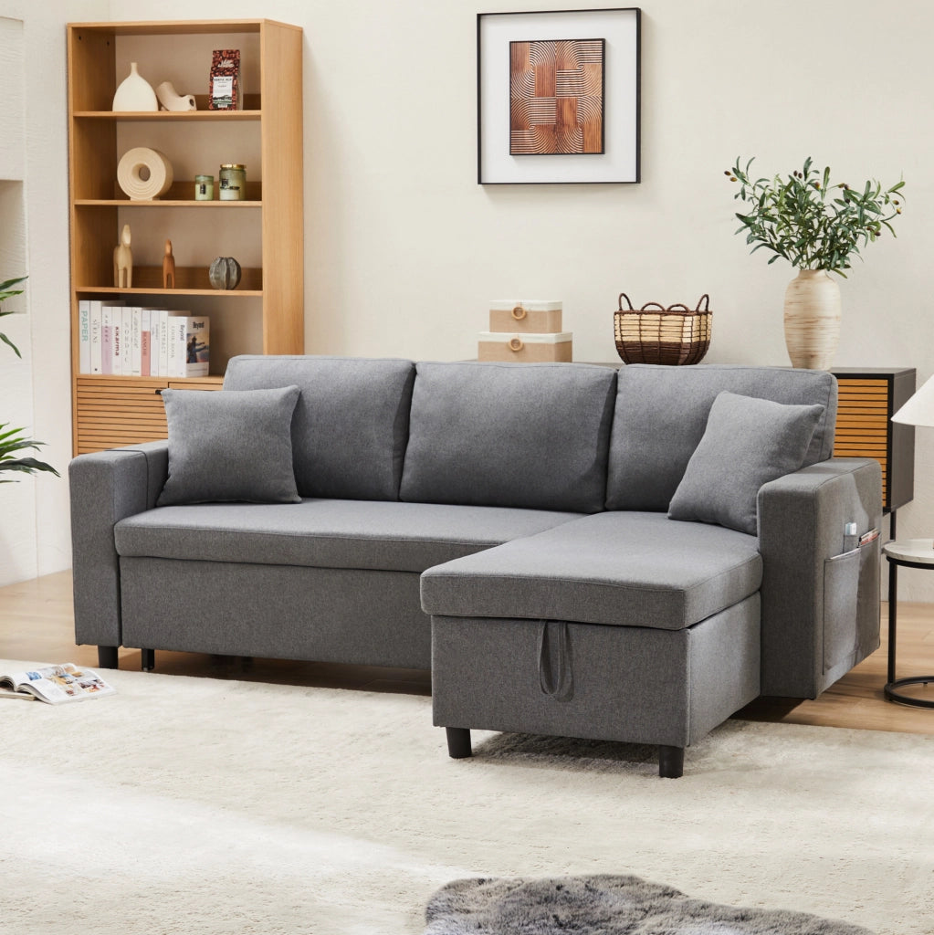 Divano letto 219.5x142.5x83 cm con contenitore; chaise longue reversibile in lino grigio scuro