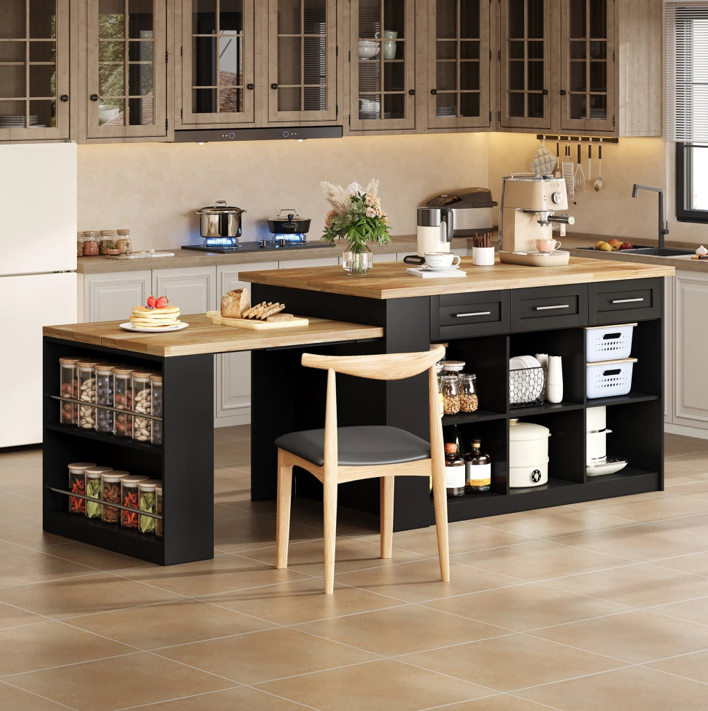 Isola da cucina 150 x 90 x 90 cm in MDF nero con tavolo allungabile e contenitore