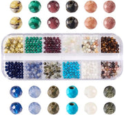 Collana DIY con 480 pezzi di perle di natura composta da rhodonite/tigre occhio/blu vena giada/turquesa - 3 mm - contenitore di perle in plastica a 12 compartimenti