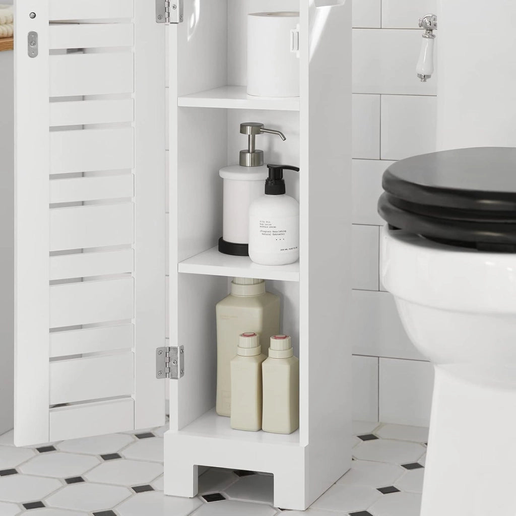 Armadio da Bagno Stretto – Mobiletto Salvaspazio in Legno – Porta Rotolo Freestanding per WC, Mobile da Bagno Resistente all'Umidità, Bianco-Naturale, 20x75x18 cm, BZR85-W