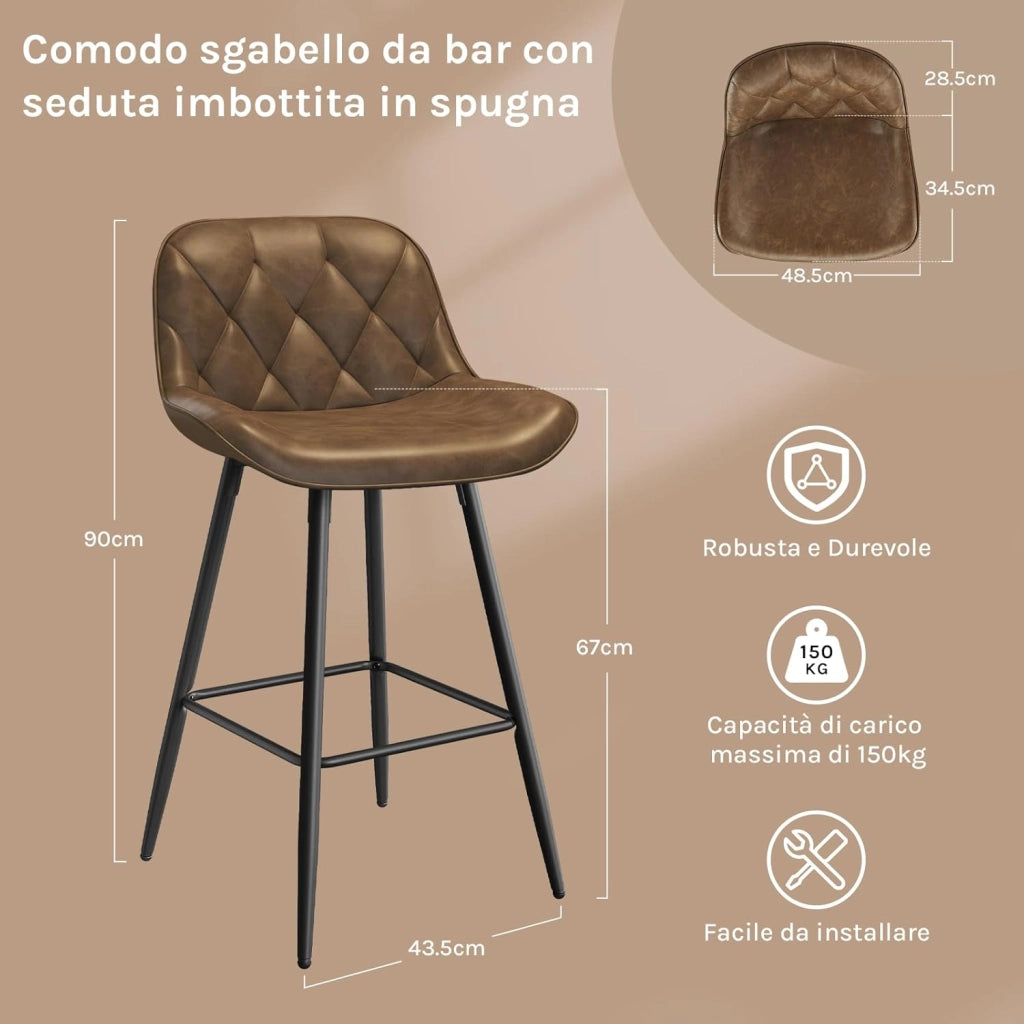 Sgabelli cucina, Sgabelli Bar con Schienale Sedia da Cucina con Poggiapiedi Sgabello Alto Imbottito Sedia in PU vintage con Gambe in Metallo per Bistrot Pub Sala da Pranzo, Marrone scuro