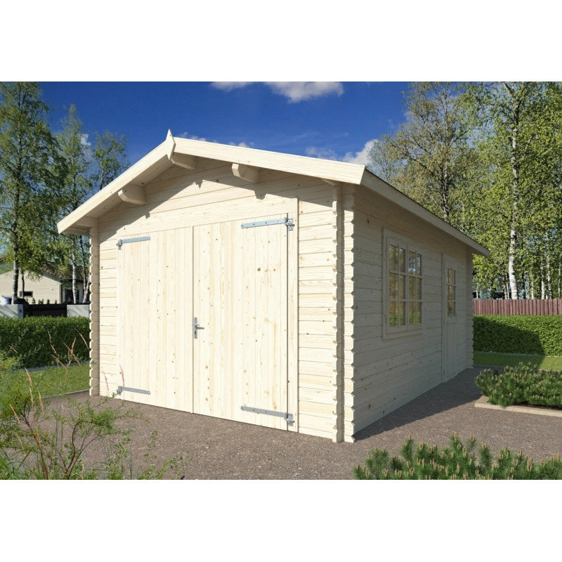 Garage in legno Tony 350x520 cm spessore 34 mm con portone doppio finestra laterale e porta singola  Esterni da Vivere