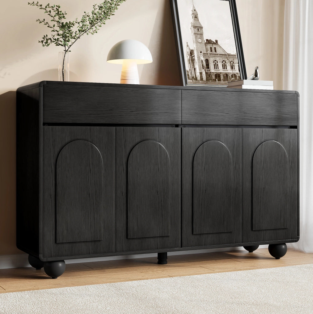 Credenza 140x38x89 cm nera in MDF e pannello truciolare, 2 cassetti e 4 ante