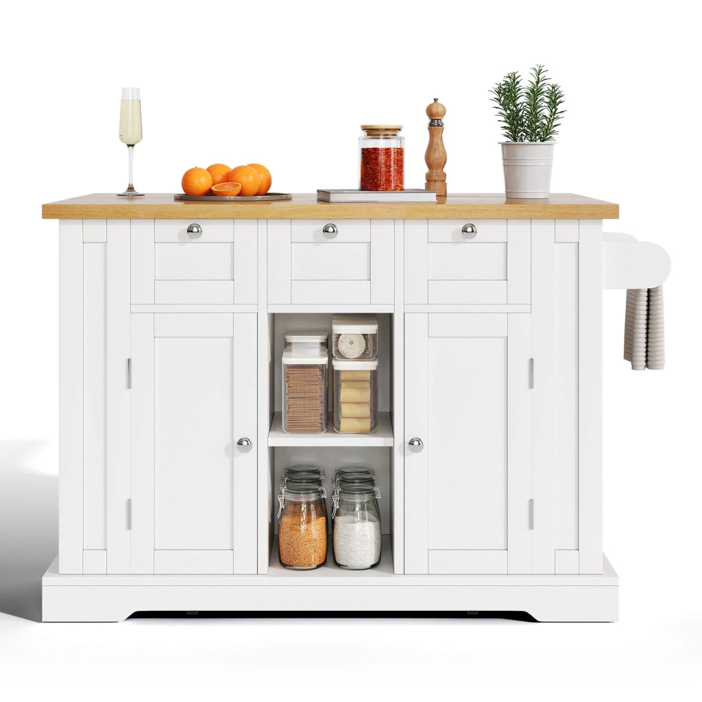 Isola da Cucina Mobile 132x40/70x87 cm Bianca e Legno con Piano Ribaltabile; Prese USB e Cassetti