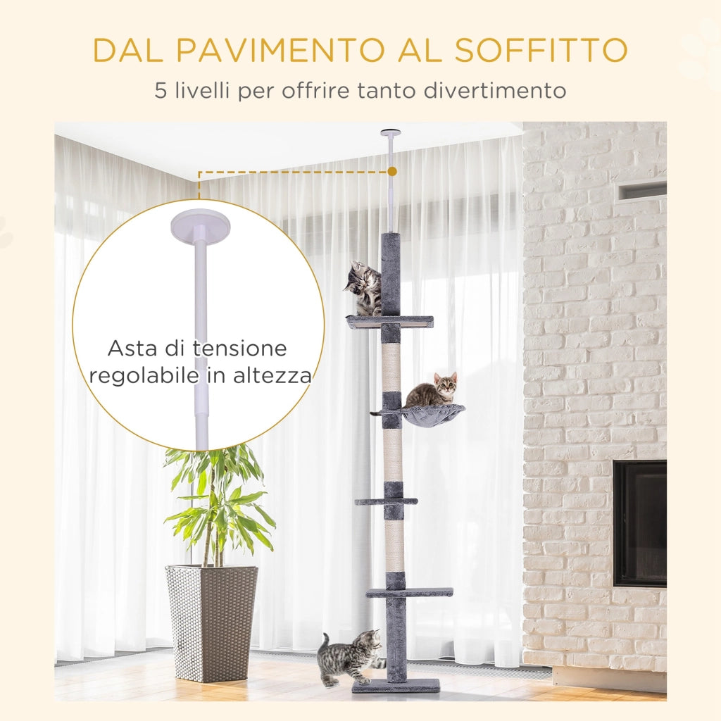 Albero Tiragraffi per Gatti a 4 Livelli Regolabile ¨C zephmum ¨C Grigio 40x34x230-260 cm