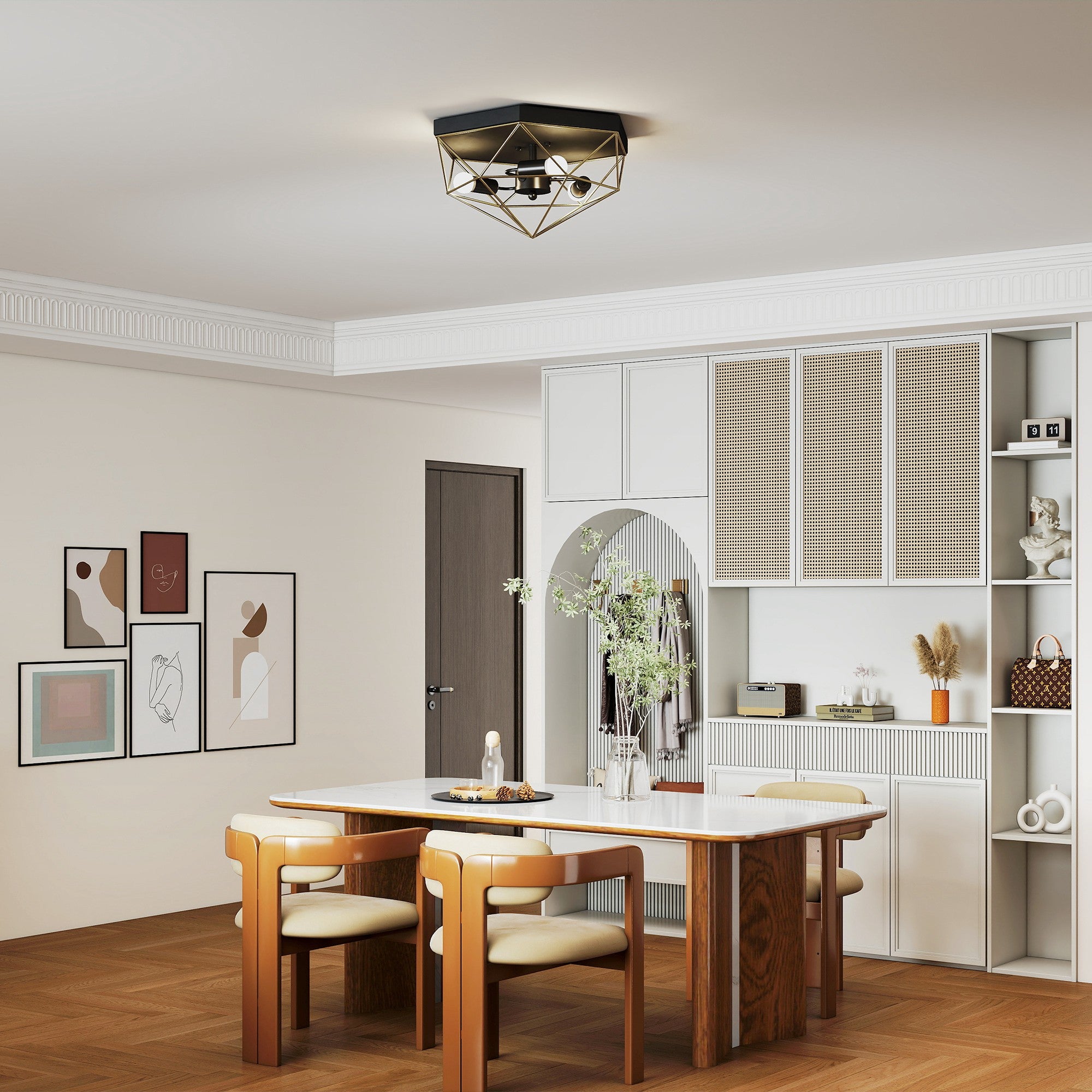 Lampadario Stile Industriale Geometrica con 3 Attacchi E27 per Lampadine LED in Metallo Nero e Oro