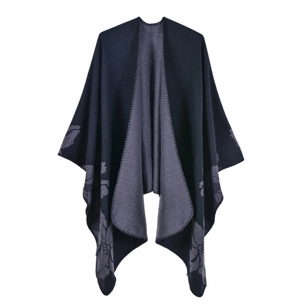 Nuovo scialle/mantella in jacquard di cashmere alla moda con spacchi, spesso e ampio, da donna.