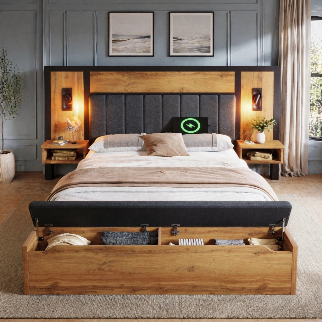 LETTO matrimoniale 160x200 cm con comodini, luci lettura e panca contenitore rovere