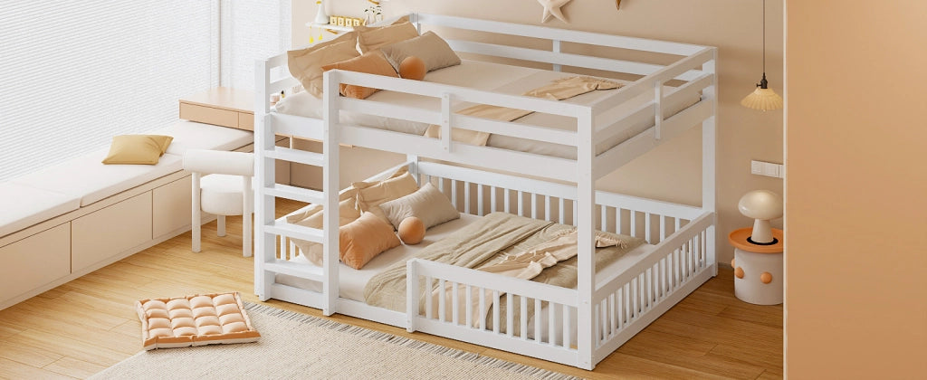 DESMIU Letto a castello 4 posti con sponde, 160 × 200 cm e 160 × 200 cm, senza materasso, in MDF e pino, bianco