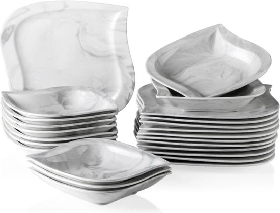 Servizio da Tavola Deluxe - 12 Persone - Piatto da Porselein - 24 Porzioni - Set da Cenere 12 persone - Set da Cenere 24 porzioni - Marmo