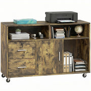 Mobile Porta Stampante a Rotelle con 2 Cassetti, 3 Ripiani e 2 Armadietti, in Legno, 100x35x65 cm, Marrone
