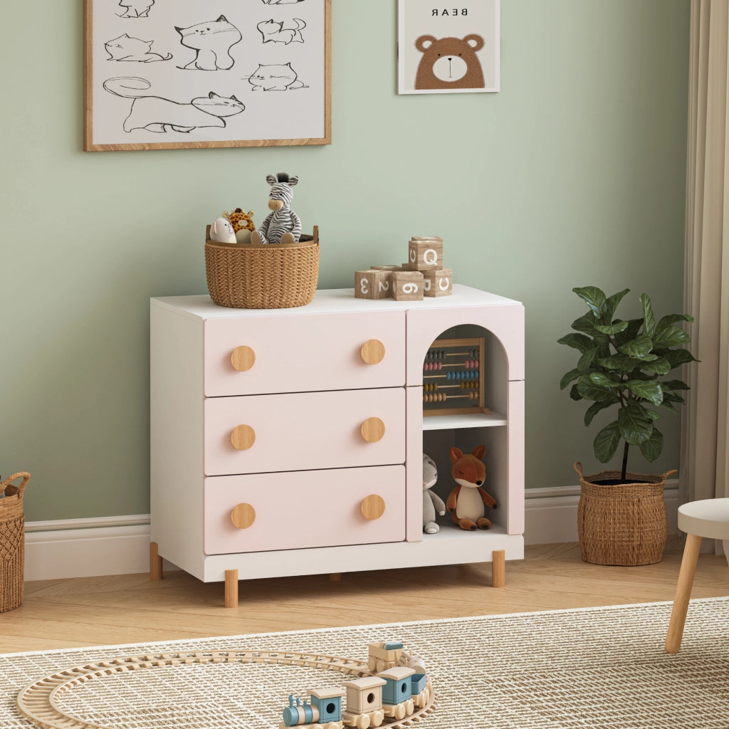 Cassettiera Vaarentaa per Cameretta con 3 Cassetti e 2 Vani Aperti 79x41x66 cm - Bianco/Rosa [en.casa]