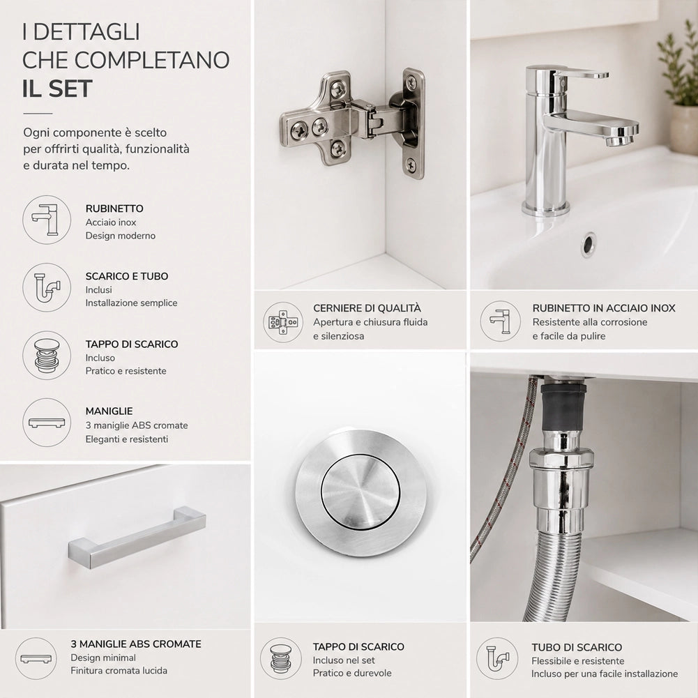 Set Completo Mobile da Bagno da Terra 101cm Tre Ante Bianco Specchio e Accessori