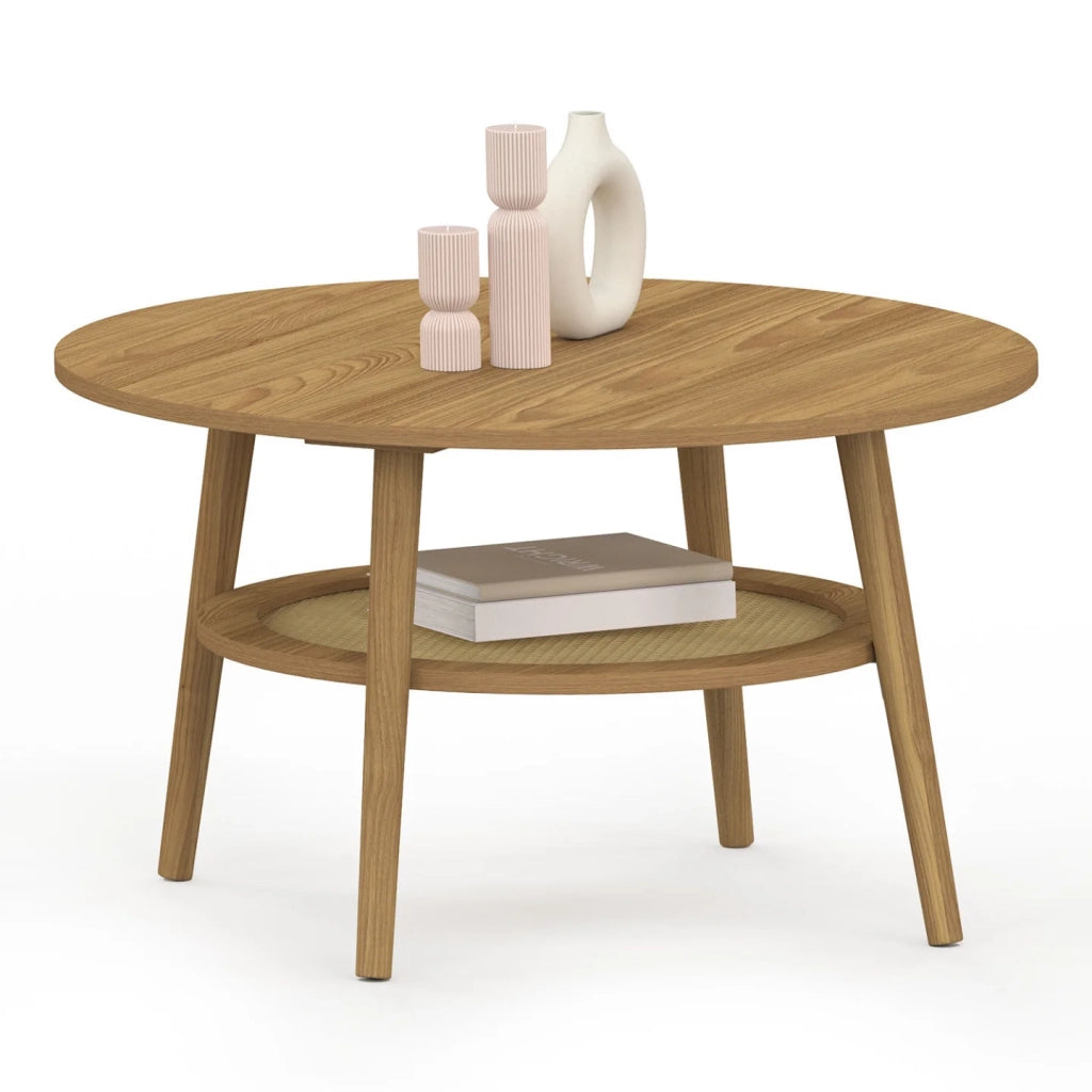IDMarket - Tavolino rotondo HANAE 70 cm in faggio con piano in canna effetto naturale