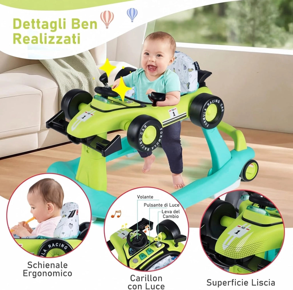 Girello per Bambini 4 in 1, Girello Pieghevole con Altezza e Velocità Regolabili, Carillon con Luci, Volante, Primi Passi per Bambini 6-18 Mesi, Portata 12 kg (Verde)