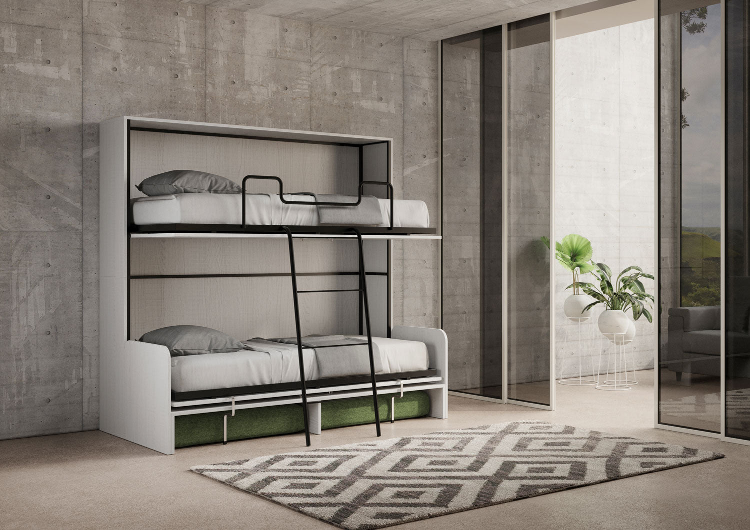 Letto Doppio A Scomparsa Kando Con Divano Bianco Frassino e Verde