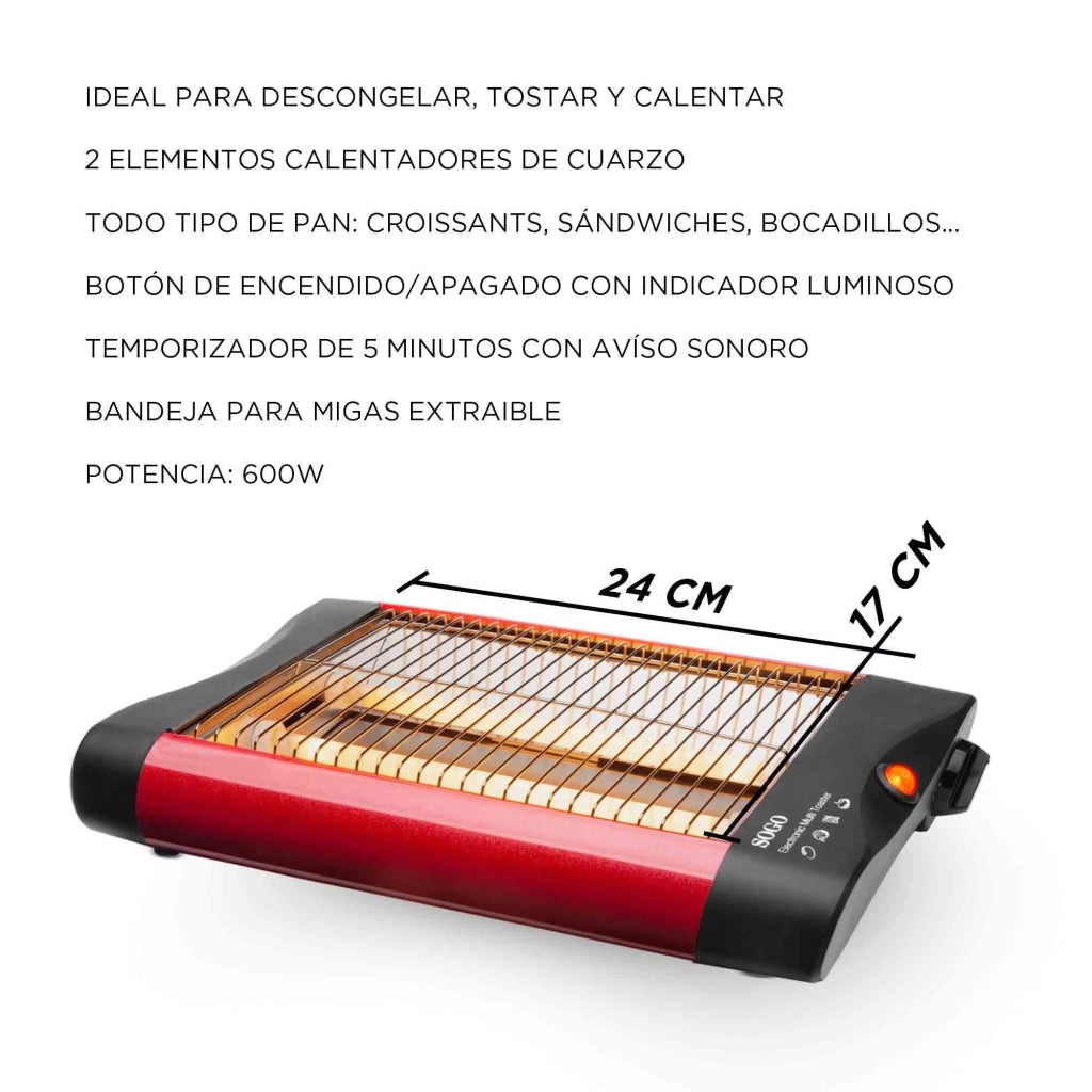 Tostapane elettrico orizzontale 4 fette, superficie tostatura 23x16cm, timer 5 minuti, 600W - SOGO