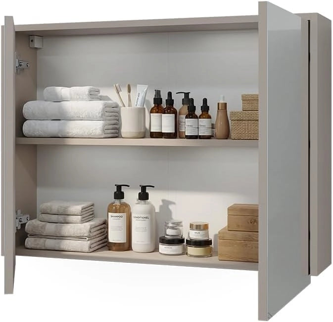 Specchio contenitore bagno J-Shape, Cashmere/Artigianale, 80 x 60 cm con 2 scomparti chiusi, per la conservazione di articoli da bagno e prodotti per l'igiene