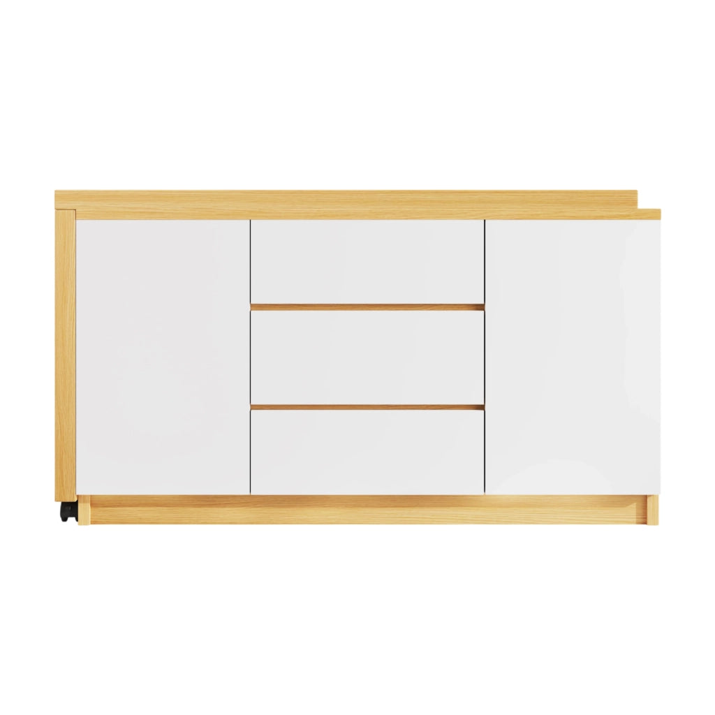 Scrivania pieghevole 120x50x76.5 cm girevole a 360°; con ruote frenanti in truciolare naturale e bianco