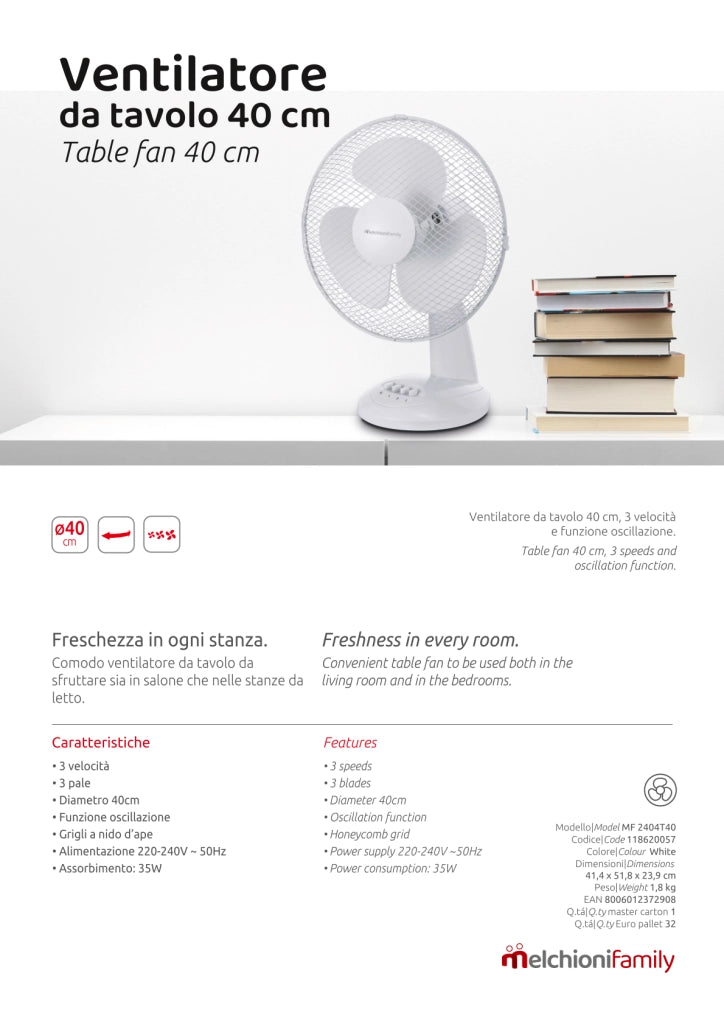 Melchioni Family Ventilatore da tavolo 40 cm 3 velocità MF 2404T40 oscillazione Bianco