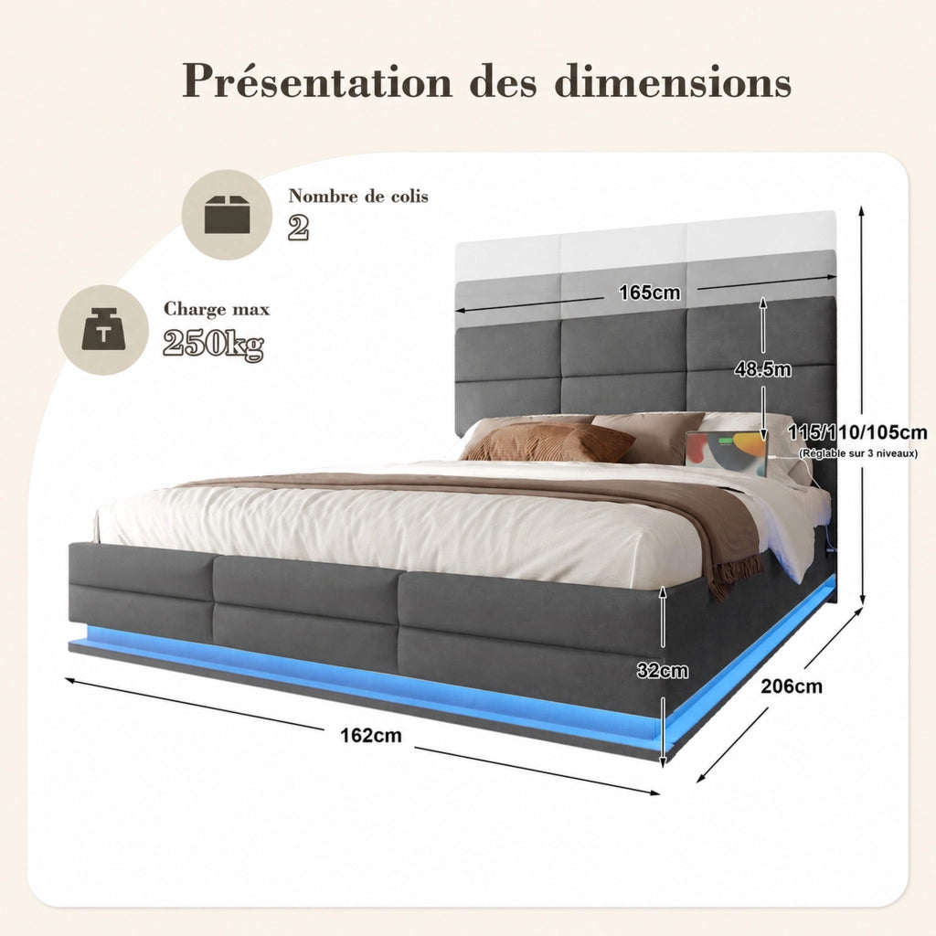 DESMIU Letto contenitore 160 × 200 cm 2 posti con USB, Type-C, LED regolabile e testiera regolabile, senza materasso, velluto grigio