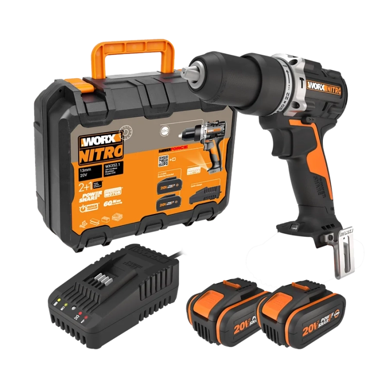 Trapano Avvitatore con Percussione WX352.1 20V Brushless 60Nm Mandrino 13mm con 2 Batterie 4Ah - Worx