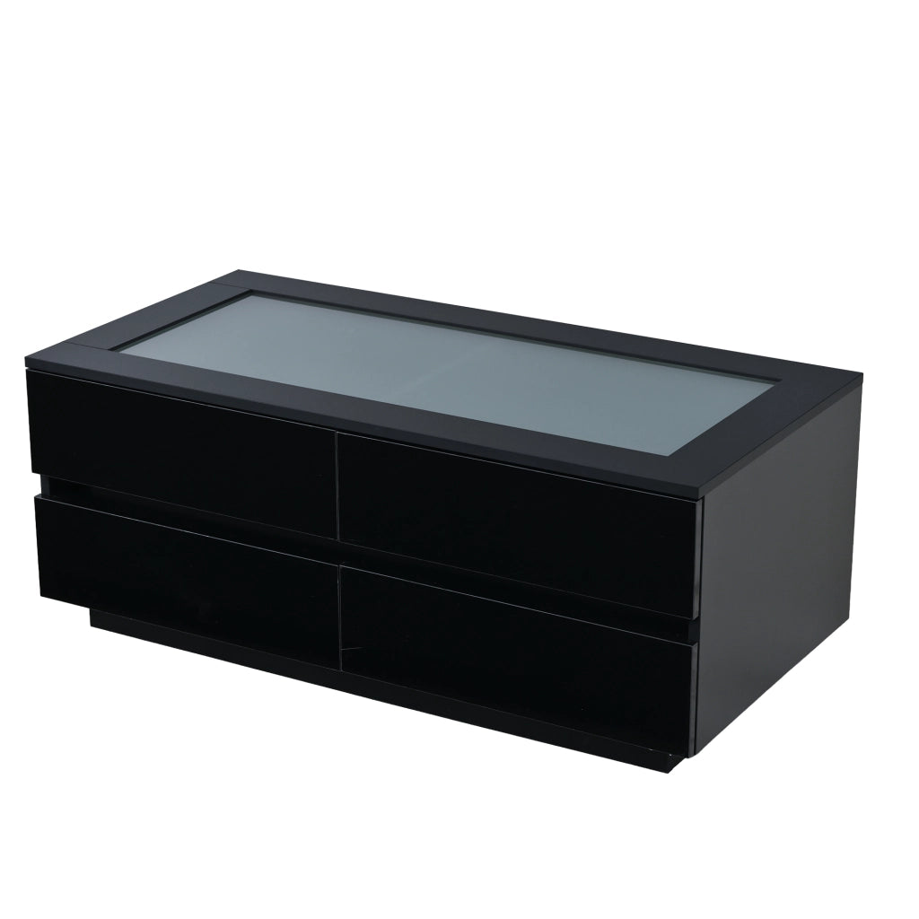 Tavolino da caffè con 4 cassetti e illuminazione LED; piano in vetro temperato; in truciolare nero; 100 × 50 × 40 cm