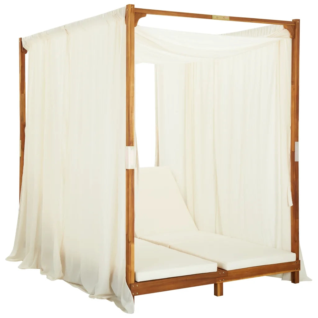 Lettino Prendisole Doppio con Tende e Cuscini in Legno Acacia cod mxl 41584