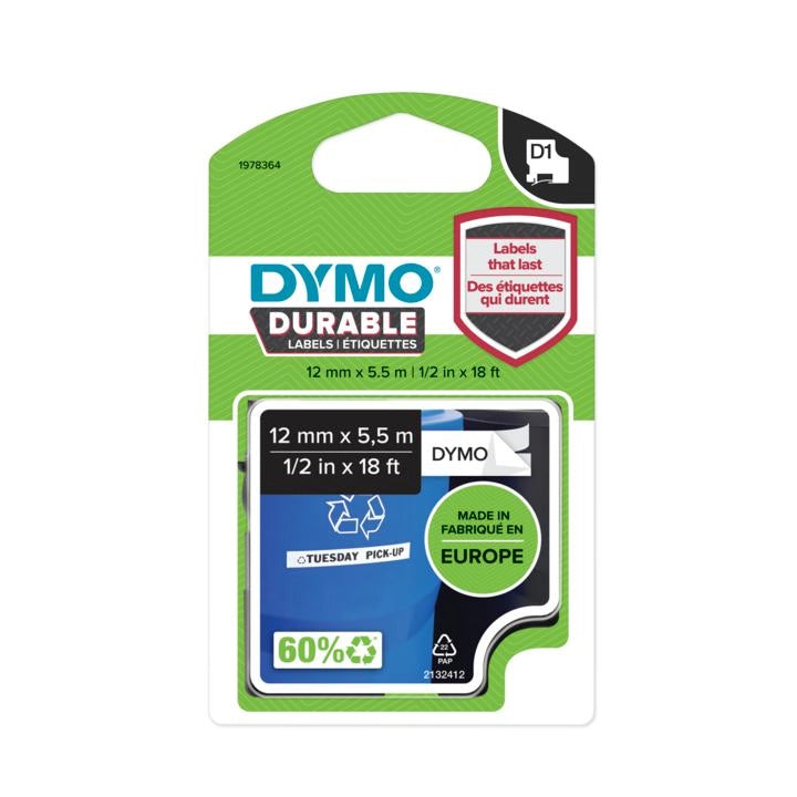 DYMO D1 etichette durevoli originali / 12 mm x 5 mm / stampa bianca su nero / etichette autoadesive che durano sulle superfici impegnative / per etichettatrice LabelManager / 1 Pezzo