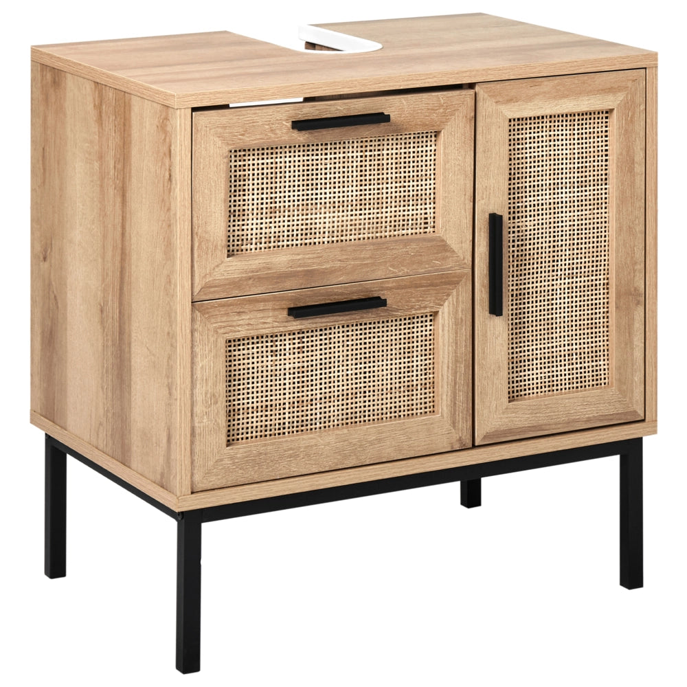 Mobiletto da bagno in particelle di legno chiaro Rattan frontale a treccia 60 x 60 cm Boho Design