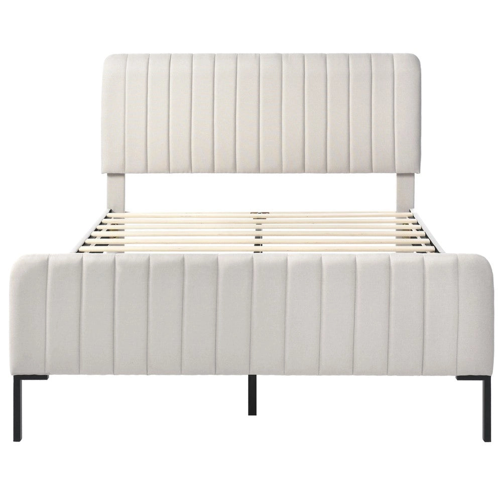 Letto Imbottito Matrimoniale con Testiera Regolabile ¨C MINIMAL ¨C Grigio Beige, Tessuto Lino, 140x200