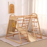 Struttura da arrampicata multifunzionale 7-in-1, altalena, scala da arrampicata, scivolo, rete, pietre da arrampicata, anelli, casetta tenda, 134×120×120 cm, Naturale