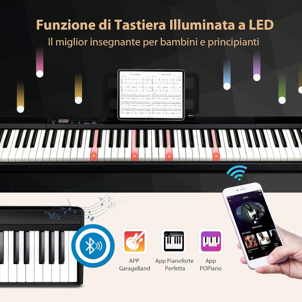 Tastiera Pianoforte Elettronica 88 Tasti, Pianoforte Digitale con Luci, Tastiera Elettronica con Borsa, 128 Ritmi e Toni, Sustain Pedale, Midi/USB/Bluetooth, per Principianti Bambini Adulti
