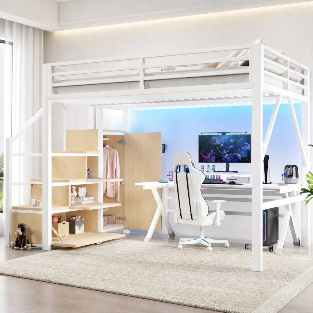 Letto a soppalco 140x200 cm con LED; armadio e contenitori in MDF e metallo bianco