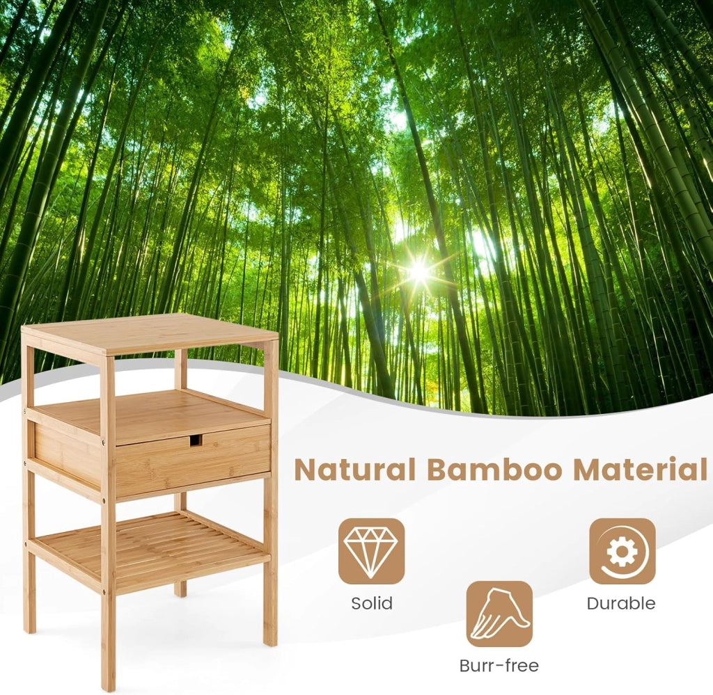 Comodino in bambù, comodino con cassetti e ripiani, comodino da letto, con estremità del divano semplice moderno a 3 livelli, tavolino multiuso per soggiorno, camera da letto, ufficio, 40 x 40
