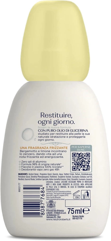 NEUTRO ROBERTS DEODORANTE VAPO FRESCO GIALLO BERGAMOTTO E ZENZERO CON PURO OLIO DI GLICERINA 75ML