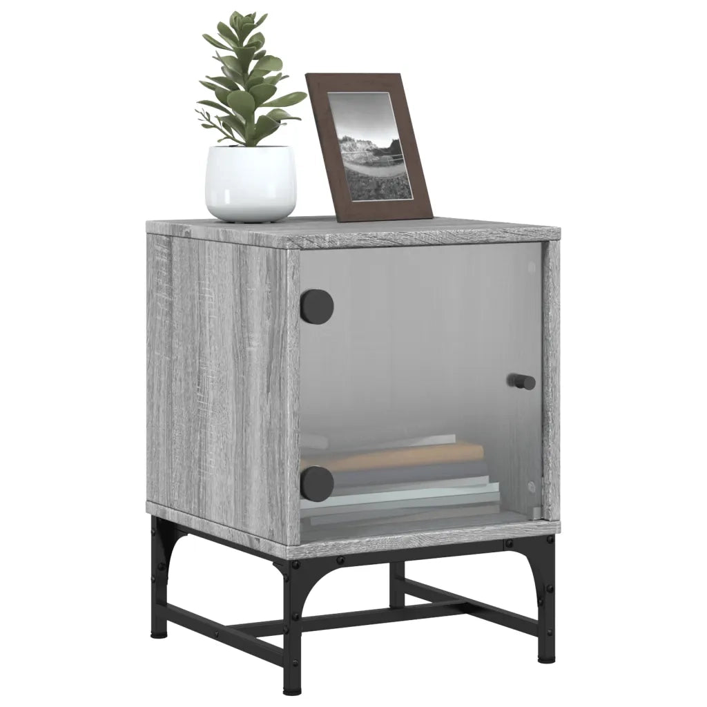 Comodini con Ante in Vetro 2pz-Set di 2 Tavolino da notte Grigio Sonoma 35x37x50 cm