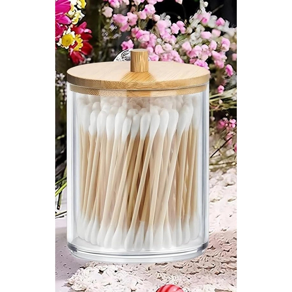 Trade Shop - Contenitore Porta Cotton Fioc Organizer Trasparente Con Coperchio In Legno 7.1x10.3cm 10821 -