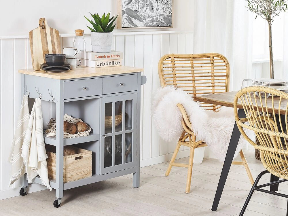 Carrello da cucina in MDF grigio legno chiaro con ripiano per armadietto con ripiani Cassetti con ruote scandinavo