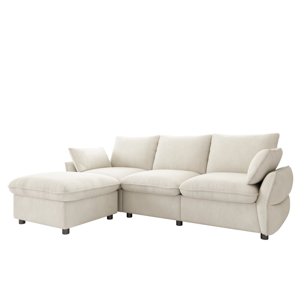 Divano angolare L in chenille beige con pouf, 3 posti, design moderno per soggiorno