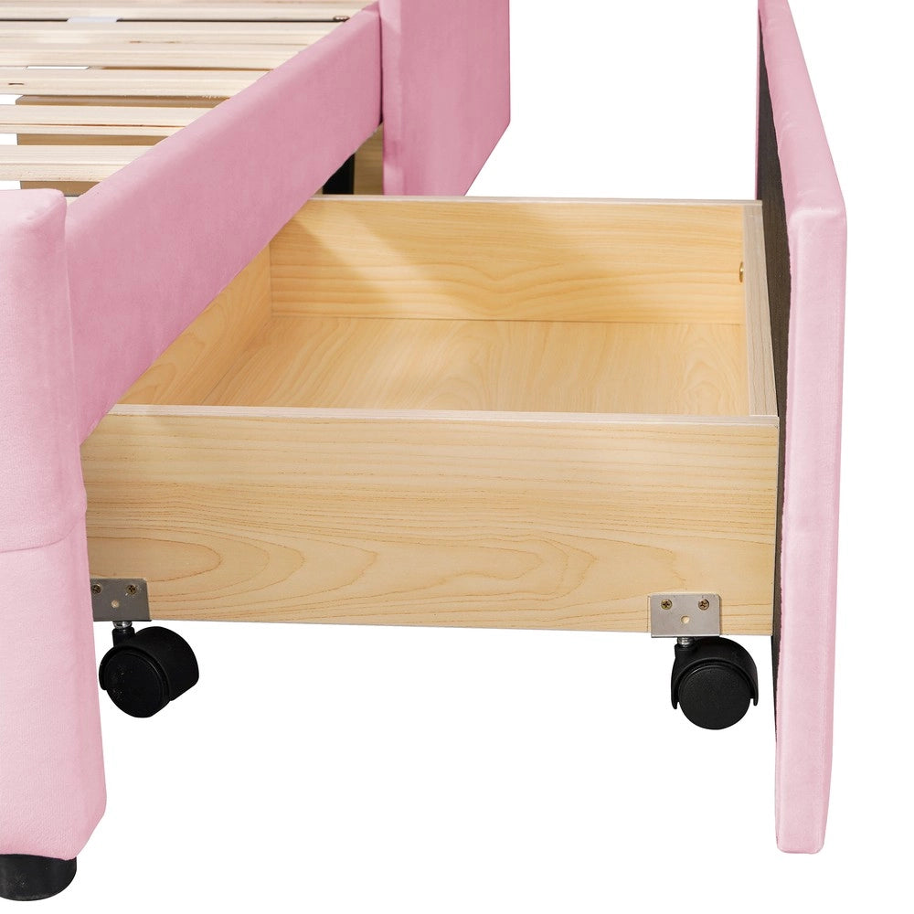 Letto imbottito singolo ¨C Minimal ¨C Rosa velluto 90x200cm con rete a doghe e due cassetti