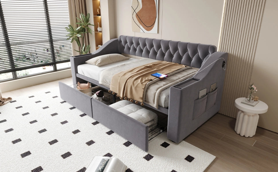 Letto imbottito 90x190 cm con divano letto, tessuto velluto, 2 cassetti contenitore, porte USB e struttura in metallo, grigio scuro